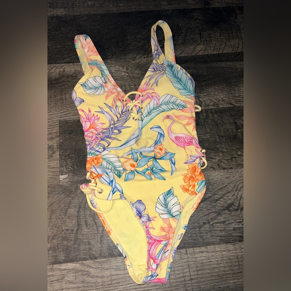 Yellow tropical print one piece bikini
